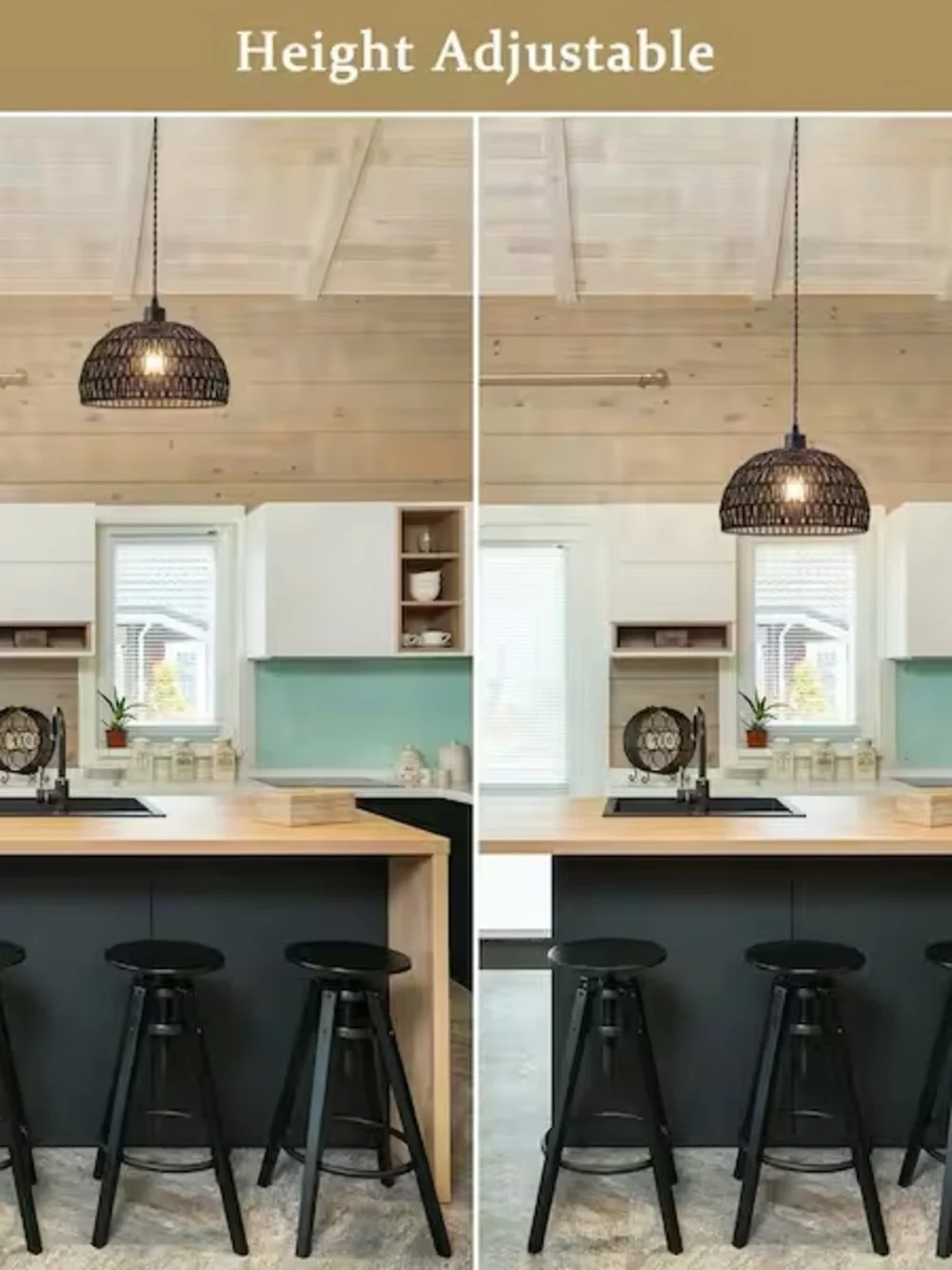 Black Rattan Plug-In Pendant Light Boho Dome Hanging Lamp